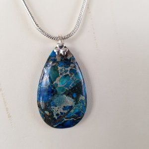 Blue & Silver Pendant with 925 Bail on Silver Chain 24"